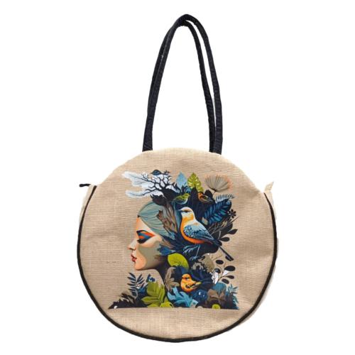 Jute Circular Bag with Zip Birds + Face to Left