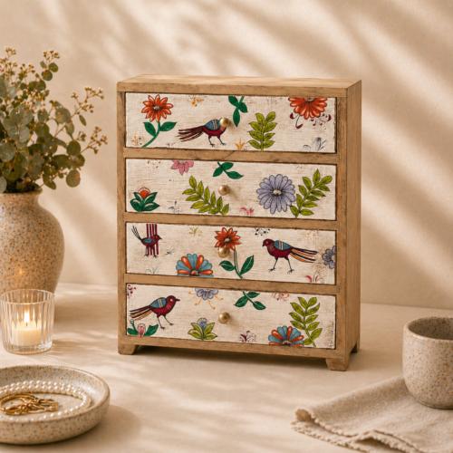 4 Drawer Chest Hand Painted Wood Storage Cabinet 30x14x36cm