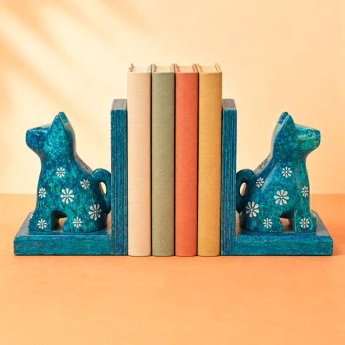 Bookends Soapstone Cats Turquoise